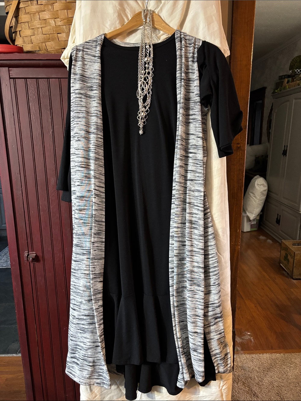 LuLaRoe Black Midi Dress with Marled Gray Vest and necklace (3 pc set)